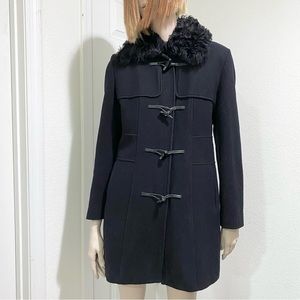 Banana Republic Black Mid Length Wool Blend Coat w/ Detachable Faux Fur Collar S